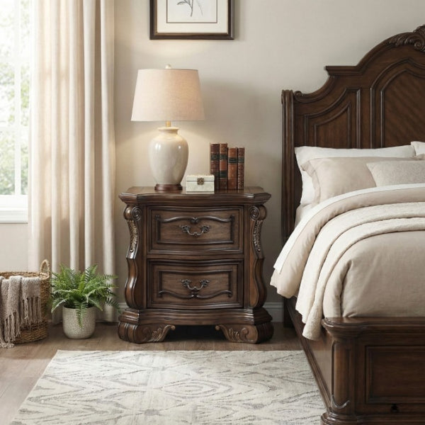 English Elm Night Stand Dresser Mirror Chest 4 Piece European Pecan Burl Veneer Bedroom Set B011S07287