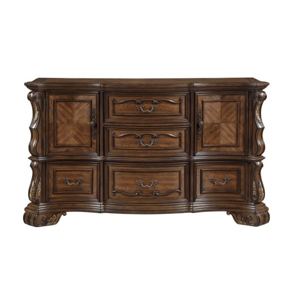 English Elm Night Stand Dresser Mirror Chest 4 Piece European Pecan Burl Veneer Bedroom Set B011S07287
