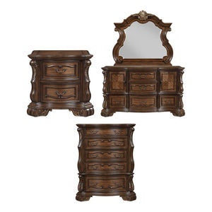 English Elm Night Stand Dresser Mirror and Chest European Bedroom Set with Gold Carved Detailing B011S07288