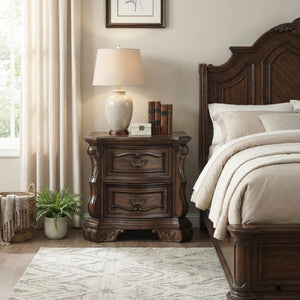 English Elm Night Stand Dresser Mirror and Chest European Bedroom Set with Gold Carved Detailing B011S07288