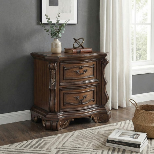 English Elm Night Stand Dresser Mirror and Chest European Bedroom Set with Gold Carved Detailing B011S07288