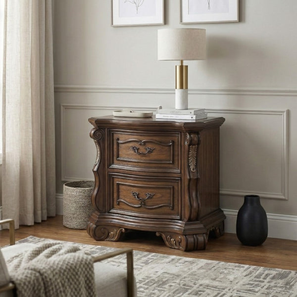 English Elm Night Stand Dresser Mirror and Chest European Bedroom Set with Gold Carved Detailing B011S07288