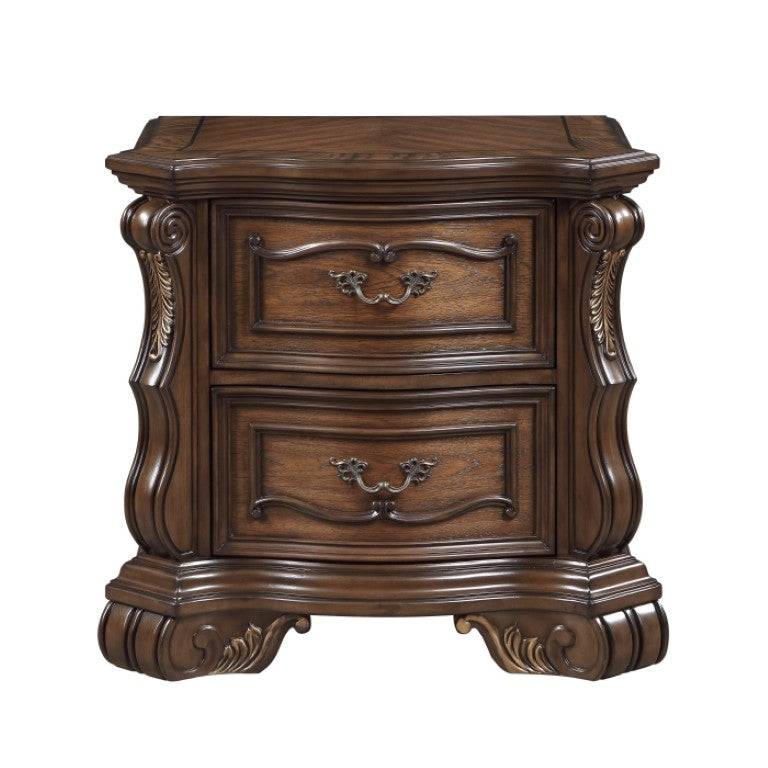 English Elm Night Stand Dresser Mirror and Chest European Bedroom Set with Gold Carved Detailing B011S07288