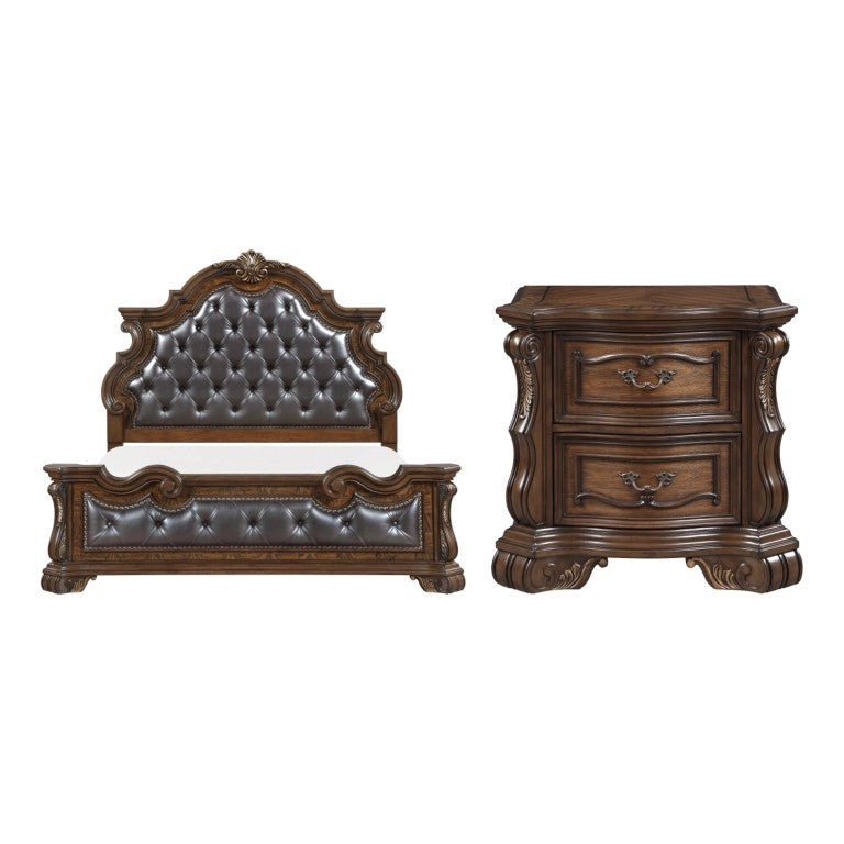 English Elm Eastern King Bedroom Set Tufted Upholstered Bed with Pecan Veneer Nightstand B011S07289
