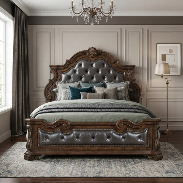 English Elm Eastern King Bedroom Set Tufted Upholstered Bed with Pecan Veneer Nightstand B011S07289