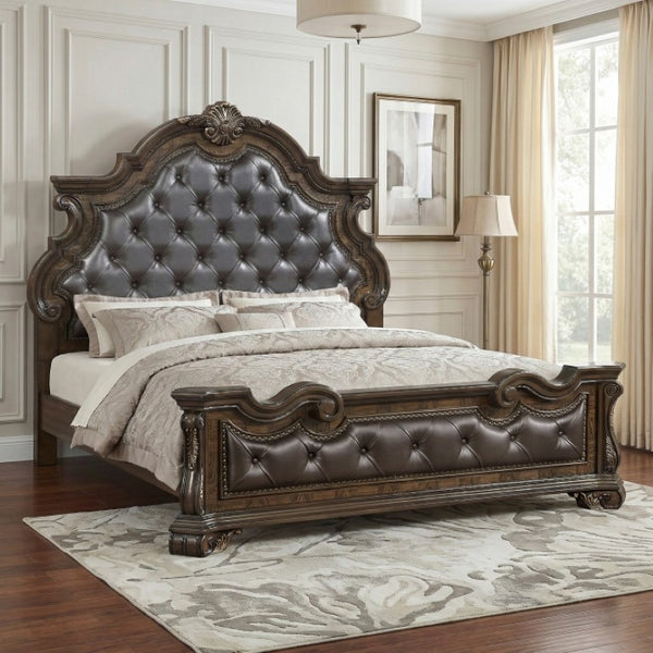 English Elm Eastern King Bedroom Set Tufted Upholstered Bed with Pecan Veneer Nightstand B011S07289