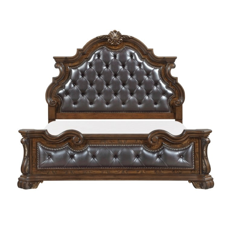 English Elm Eastern King Bedroom Set Tufted Upholstered Bed with Pecan Veneer Nightstand B011S07289