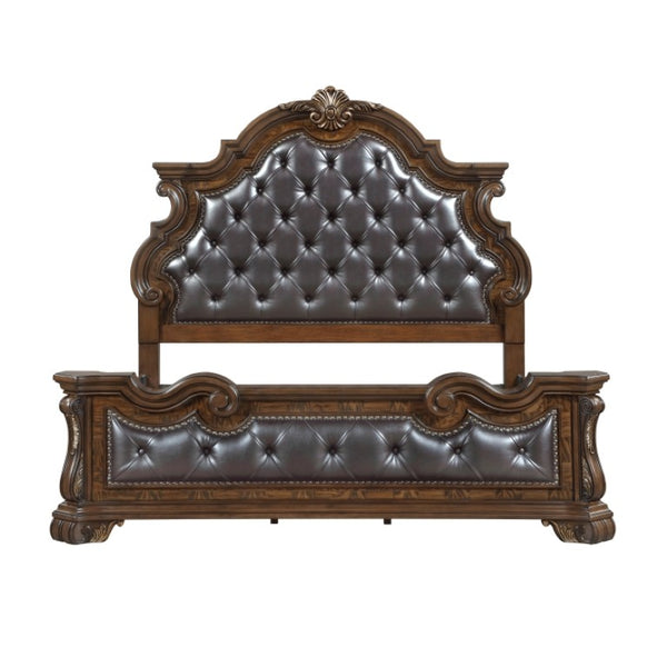 English Elm Eastern King Bedroom Set Tufted Upholstered Bed with Pecan Veneer Nightstand B011S07289