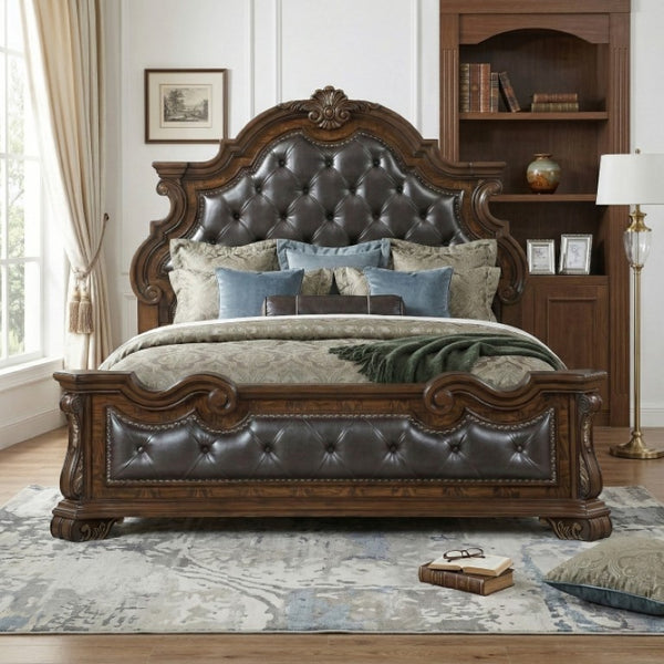 English Elm Eastern King Bedroom Set Ornate Tufted Faux Leather Frame with Pecan Burl Nightstands B011S07290