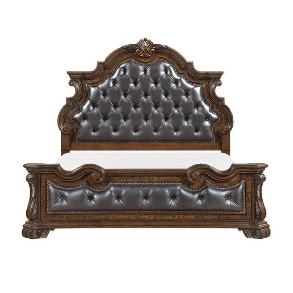 English Elm Eastern King Bedroom Set Ornate Tufted Faux Leather Frame with Pecan Burl Nightstands B011S07290