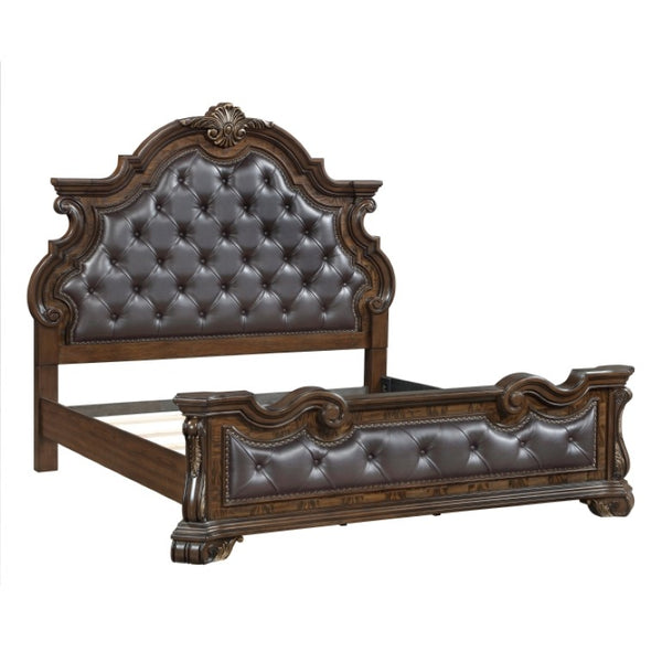 English Elm Eastern King Bedroom Set Ornate Tufted Faux Leather Frame with Pecan Burl Nightstands B011S07290