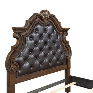 English Elm Eastern King Bedroom Set Ornate Tufted Faux Leather Frame with Pecan Burl Nightstands B011S07290