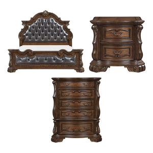 English Elm Eastern King Bedroom Set Tufted Faux Leather Bed Nightstand Chest Dark Brown B011S07291