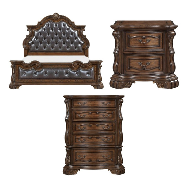 English Elm Eastern King Bedroom Set Tufted Faux Leather Bed Nightstand Chest Dark Brown B011S07291
