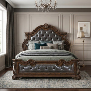 English Elm Eastern King Bedroom Set Tufted Faux Leather Bed Nightstand Chest Dark Brown B011S07291