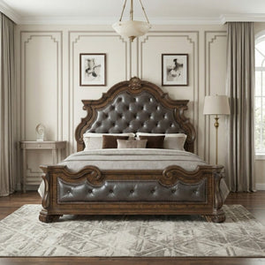 English Elm California King Bedroom Set Pecan Burl Veneer Tufted Headboard with Nightstands B011S07293