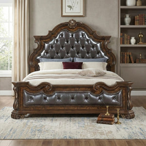English Elm California King Bedroom Set Pecan Burl Veneer Tufted Headboard with Nightstands B011S07293