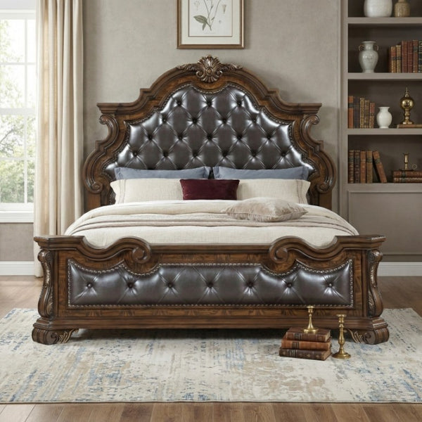 English Elm California King Bedroom Set Pecan Burl Veneer Tufted Headboard with Nightstands B011S07293