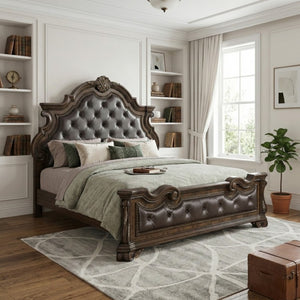 English Elm California King Bedroom Set Pecan Burl Veneer Tufted Headboard with Nightstands B011S07293