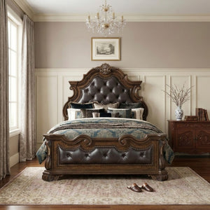 English Elm Queen Bedroom Set Tufted Faux Leather Bed with Carved Wood Veneer and Nightstand B011S07295