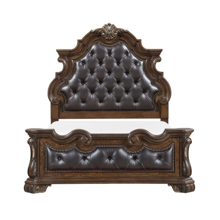 English Elm Queen Bedroom Set Tufted Faux Leather Bed with Carved Wood Veneer and Nightstand B011S07295