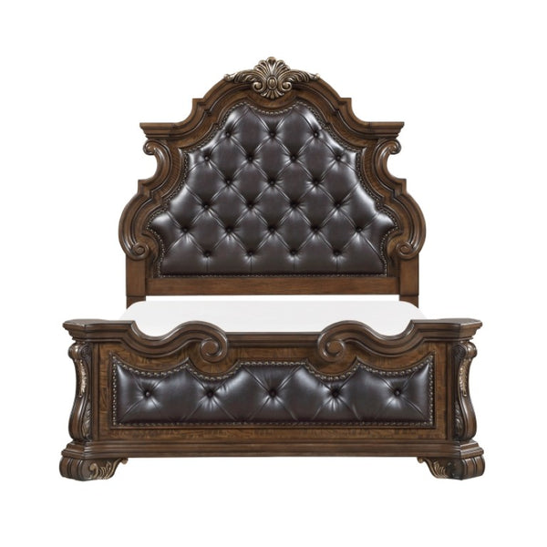 English Elm Queen Bedroom Set Tufted Faux Leather Bed with Carved Wood Veneer and Nightstand B011S07295