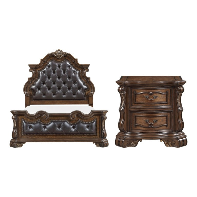 English Elm Queen Bedroom Set Ornate Carved Wood Frame Tufted Faux Leather Headboard Two Nightstands B011S07296