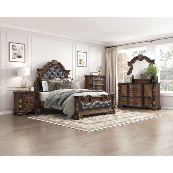 English Elm Queen Bedroom Set Ornate Carved Wood Frame Tufted Faux Leather Headboard Two Nightstands B011S07296