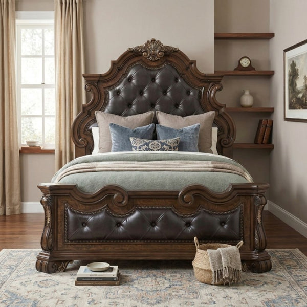 English Elm Queen Bedroom Set Ornate Carved Wood Frame Tufted Faux Leather Headboard Two Nightstands B011S07296