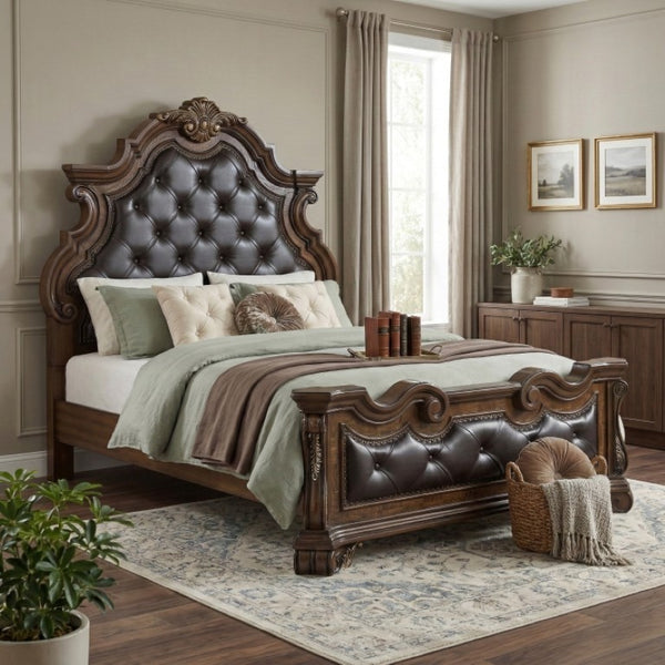 English Elm Queen Bedroom Set Ornate Carved Wood Frame Tufted Faux Leather Headboard Two Nightstands B011S07296