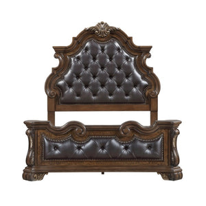 English Elm Queen Bedroom Set Ornate Carved Wood Frame Tufted Faux Leather Headboard Two Nightstands B011S07296