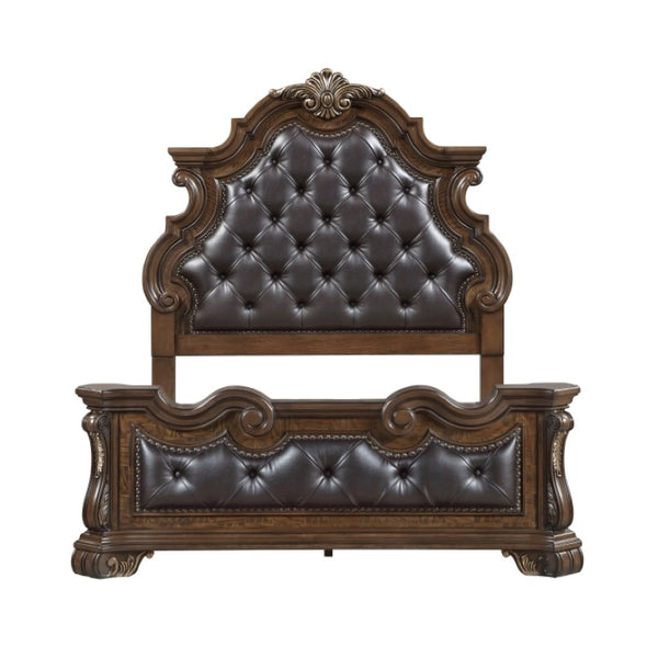 English Elm Queen Bedroom Set Ornate Carved Wood Frame Tufted Faux Leather Headboard Two Nightstands B011S07296