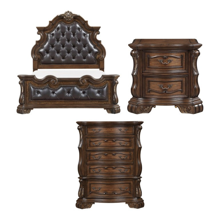 English Elm Queen Bedroom Set with Tufted Headboard Ornate Carved Wood and Gold Accents B011S07297