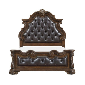 English Elm Queen Bedroom Set with Tufted Headboard Ornate Carved Wood and Gold Accents B011S07297