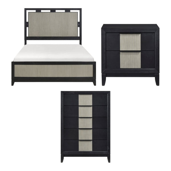 English Elm California King Bedroom Set with LED Headboard Reeded Panels and 5-Drawer Chest B011S07305