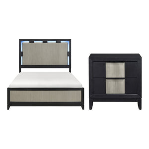 English Elm Queen Panel Bed and Nightstand Set Solid Wood with LED Headboard Two-Tone Finish B011S07306