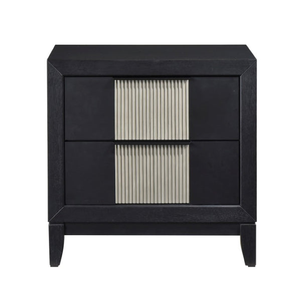 English Elm Queen Panel Bed and Nightstand Set Solid Wood with LED Headboard Two-Tone Finish B011S07306