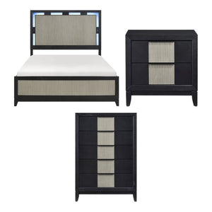 English Elm Queen Bedroom Set with LED Headboard Reeded Panels and Five Drawer Chest Storage B011S07308