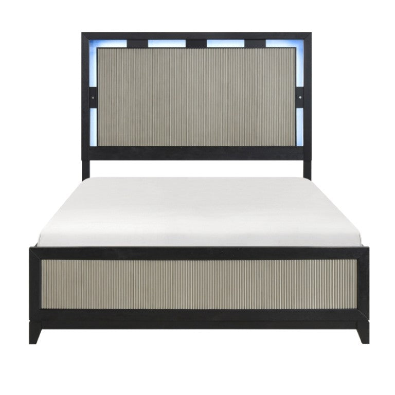 English Elm Queen Bedroom Set with LED Headboard Reeded Panels and Five Drawer Chest Storage B011S07308