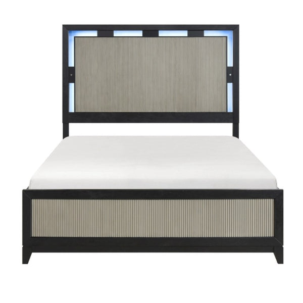 English Elm Queen Bedroom Set with LED Headboard Reeded Panels and Five Drawer Chest Storage B011S07308