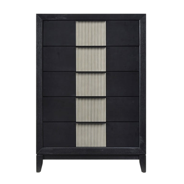 English Elm Queen Bedroom Set with LED Headboard Reeded Panels and Five Drawer Chest Storage B011S07308