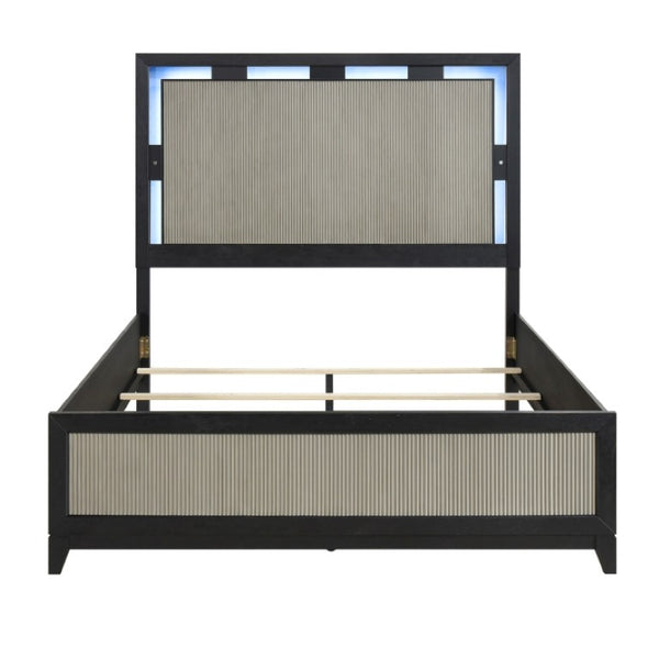English Elm Queen Bedroom Set with LED Headboard Reeded Panels and Five Drawer Chest Storage B011S07308