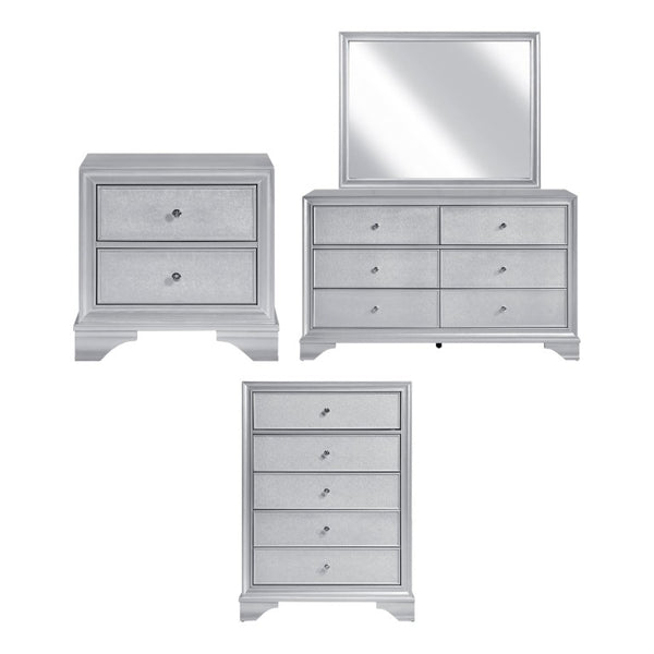 English Elm Night Stand Dresser Mirror Chest Glam Bedroom Suite with Silver Embossed Drawer Fronts B011S07309