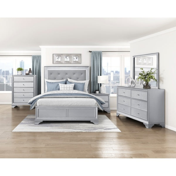 English Elm Night Stand Dresser Mirror Chest Glam Bedroom Suite with Silver Embossed Drawer Fronts B011S07309