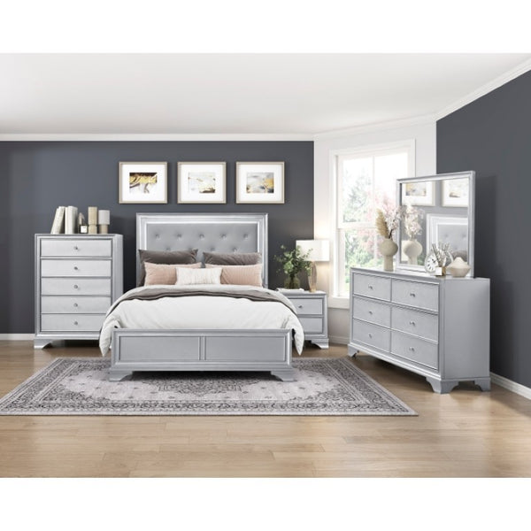 English Elm Night Stand Dresser Mirror Chest Glam Bedroom Suite with Silver Embossed Drawer Fronts B011S07309