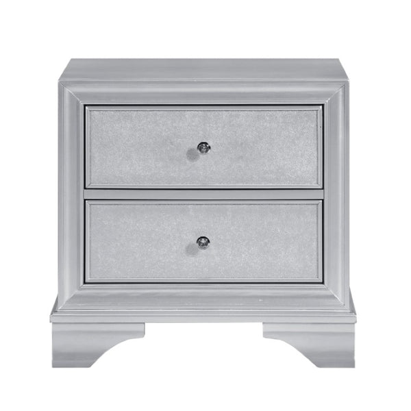 English Elm Night Stand Dresser Mirror Chest Glam Bedroom Suite with Silver Embossed Drawer Fronts B011S07309