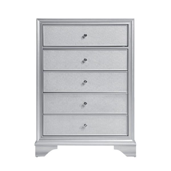 English Elm Night Stand Dresser Mirror Chest Glam Bedroom Suite with Silver Embossed Drawer Fronts B011S07309