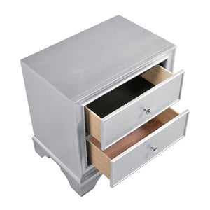 English Elm Night Stand Dresser Mirror Chest Glam Bedroom Suite with Silver Embossed Drawer Fronts B011S07309