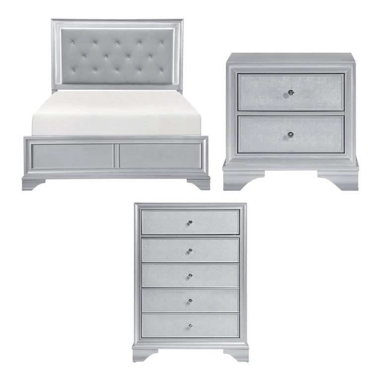 English Elm California King Bedroom Set Glam Silver Finish LED Tufted Headboard with Storage B011S07316