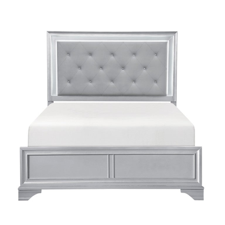 English Elm California King Bedroom Set Glam Silver Finish LED Tufted Headboard with Storage B011S07316